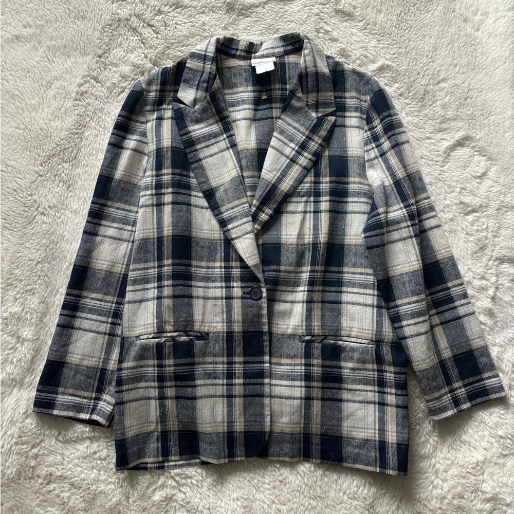 VTG Fashion Bug Blue and White Plaid Lightweight Blazer Jacket